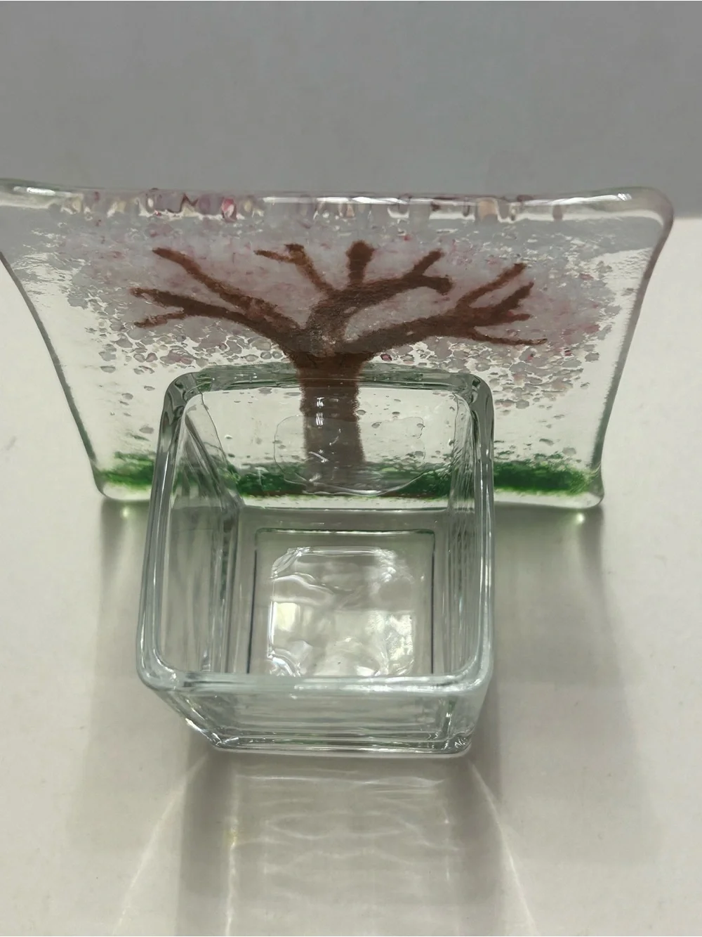 Handmade Fused Glass Candle Holder Pink Cherry Blossom Art by Seeds Glassworks